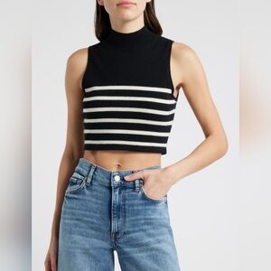 FRAME Cashmere Sleeveless Crop Sweater Black & White Striped Size Large